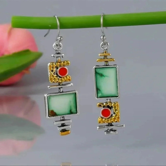 Bohemian Geometric Synthetic Gemstone Dangle Earrings - Picture 3 of 9